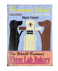 Nothing could be sweeter. This fetching sign stars the lovable pups from the world-famous Three Lab Bakery with cakes to match their coats. Beautifully deconstructed in solid wood, it's adorable in the casual kitchen.