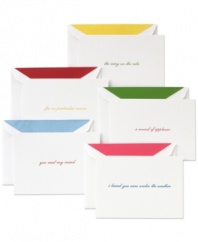 Always know the right thing to say with kate spade by Crane greeting cards. Colorful sentiments for every occasion coordinate with envelope liners, contrasting crisp white paper in stationary sets that'll render recipients speechless.