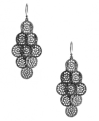 Attract attention with style that's still subtle enough for everyday wear. Lucky Brand's intricate open work earrings feature overlapping discs in a graduated diamond shape. Set in silver tone mixed metal. Approximate drop: 2-1/2 inches.
