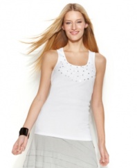 Elegant lace looks fresh on a fitted tank silhouette, from INC. Rhinestones provide a little extra sparkle and pizazz!