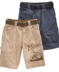 A little rugged. Bring out his outdoorsy side with these belted cargo shorts from Guess.