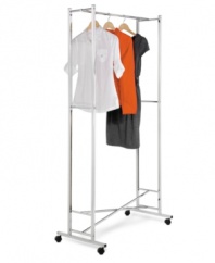 Get a move on! Instant storage rolls from room to room to adjust to your busy and ever-growing lifestyle, making space to dry garments, hang extras and clean up clutter. The sturdy steel frame folds away to 1.5 flat when not in use for a completely portable convenience! Limited lifetime warranty.