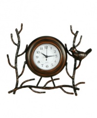 Get a little cuckoo with this whimsical bird clock from California Floral. A classic white dial is perched in sculpted metal branches with a glossy black-brown finish, adding charm to any bookshelf or mantel.