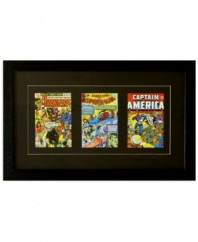 Kids and kids at heart get a visit from Earth's mightiest superheroes in this Marvel comic book art. The Avengers, Spider-Man and Captain America join forces, warding off evil from within a simple black frame.
