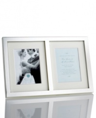 Preserve a special photo and related memento side by side in the double invitation frame from Martha Stewart Collection. Panels of matte silver plate surround your happiest moments in elegant simplicity.