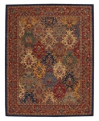 This rug features a floral motif in yarn-dyed blues, reds and golds for an intricate design of dramatic color. Handcrafted wool pile imparts an indulgent softness.