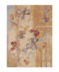 A beautiful painting set upon a plush, luminous canvas. Rug features a misty morning landscape with irises rendered in cool blues and crimsons. Woven of premium Opulon(tm) yarns to create a lavish pile with a rich, color-enhancing finish.