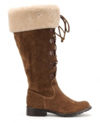 The Barbourne, a round-toe lace-up boot from Sofft, has a cozy chic touch at the top in the form of a shearling  cuff embellishment. Made in suede with an inner zipper closure, it's a style that will take you effortlessly--and stylishly!--from fall into winter.