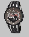 Sporty and elegant, a quartz chronograph in stainless steel with black ionic plating details. Quartz movement Case is water resistant to 10 ATM IP (ionic plating) black detail Round case, 1½ diameter Anti-reflective sapphire crystal Date display at 4:00 Hour markers Leather strap Made in Switzerland