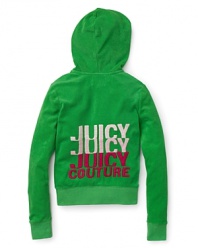 A dare-to-be vibrant zip-front hoodie from Juicy Couture with a bold JUICY triple threat logo print on back.