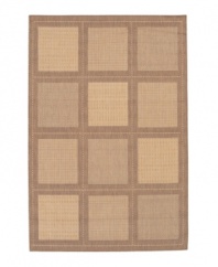 Like a patchwork quilt, 12 squares sit on the surface of this beautiful all-weather rug, each containing one of three distinctive textures. Suitable for use both indoors and out, this piece brings a touch of warmth to stone entryways, patio decks and all other outdoor gathering areas. Perfectly complimenting its surroundings, this rug is textured and gently colored with natural earth tones and shades of cocoa. Pet friendly and resistant to all mold and mildew. One-year limited warranty.