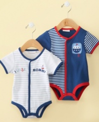 Encourage his love of water with one of these precious nautical bodysuits from First Impressions.