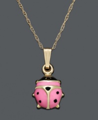 Give her a little extra luck with this adorable ladybug pendant. Crafted in 14k gold, ladybug features a pink and black shell. Approximate length: 14 inches. Approximate drop: 1/2 inch.