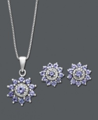 Snap up instant spring style in pale pastels. Jewelry set features round-cut tanzanite (7/8 ct. t.w.) and diamond accents in an elegant flower shape. Set crafted in sterling silver. Approximate length: 18 inches. Approximate pendant drop: 1/2 inch. Approximate earring diameter: 1/4 inch.