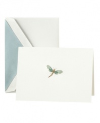Special delivery! Hand-engraved with a shimmering dragonfly, this blank cards from Crane are a delight to send and receive. Envelopes feature iridescent arctic-blue lining to match the whimsical design.
