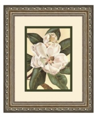 In a vintage-style silver frame with scrolling vine detail, Afternoon Magnolia is an elegant botanical print for traditional homes. Muted pink blossoms curl in and close for the evening as the afternoon sun sets. Display with the Morning Magnolia art print for a thoughtful, put-together look.