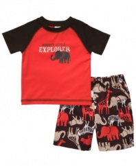On land or water, he'll be prepared to go exploring in this fun rashguard and board short swimwear set from Carter's.