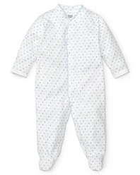 A blue polka dot footie with a snap front and contrast scalloped edge trim.