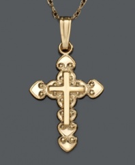 A beautiful and poignant beginning to a little girl's jewelry collection. Antique cross pendant and chain set in 14k gold. Approximate length: 15 inches. Approximate drop: 3/4 inch.