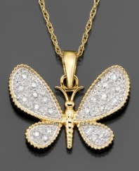 Beautiful and graceful, this diamond butterfly necklace features round-cut diamond (1/10 ct. t.w.) set in 14k white and yellow gold. Approximate length: 18 inches. Approximate drop: 1/2 inch.