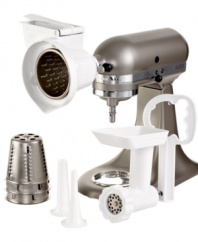 Great taste for the gourmand! A versatile kitchen starts with a smart selection of KitchenAid Stand Mixer attachments. Including the food grinder, rotor slicer and shredder and sausage stuffer, this gourmet kit makes a master space for the master chef, doing even more-grinding meats, whipping up applesauce and marinara, shredding veggies and cheese, and creating homemade sausage-all in your stand mixer.1-year warranty. Model KGSSA.