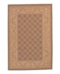 A traditional design updated with an invigorating breath of fresh air. Suitable for use both indoors and out, this garden-motif area rug, with its latticework of vines, will bring a touch of warmth to stone entryways, patio decks and all other outdoor gathering areas. Textured and gently colored with a soft palette that perfectly complements its natural surroundings. All-weather, pet friendly and resistant to all mold and mildew. One-year limited warranty.