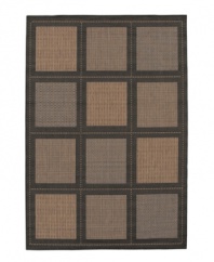 Like a patchwork quilt, 12 squares sit on the surface of this beautiful all-weather rug, each containing one of three distinctive textures. Suitable for use both indoors and out, this piece brings a touch of warmth to stone entryways, patio decks and all other outdoor gathering areas. Perfectly complimenting its natural surroundings, this rug is textured and gently colored with black and shades of cocoa. Pet friendly and resistant to all mold and mildew. One-year limited warranty.