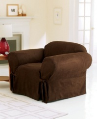 Soft, stylish and sophisticated, the Soft Faux Suede chair slipcover from Sure Fit will energize your upholstery and home with modern flair. Designed with broad arms, inner pleating and a drape skirt with ties for an easy update.