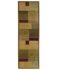 This long runner is ideal for hallways and entryways. A simple circle within a panel design creates a rug of abstract beauty with tribal allure. The rich palette of beige, olive, khaki and plum features striated accents and subtle gradations for a softly weathered effect.