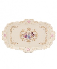 Accent your bedroom or bath with a vanity tray fit for a princess. Cinderella's pumpkin coach adorns ivory porcelain with gold swirls, twinkling stars and pretty pink hearts. A scalloped edge and raised beading refine the ultra-feminine Disney piece. Qualifies for Rebate