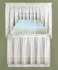 With crafted details and sweet vintage style, Abby window treatments set the scene in your kitchen for quaint country meals. The swag valances feature mini pleats, scalloped edges and delicate vines embroidered in three soothing hues.
