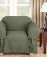 Featuring a narrow pinstripe weave in solid hues, Sure Fit's Logan chair slipcover gives your furniture a bold new look. Subtle textured detail and decorative ties add to this slipcover's classic appeal. One piece.