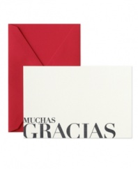Now you can show appreciation with Latin flair thanks to Crane's Muchas Gracias note cards. Bold text inked in solid charcoal contrast flame-red envelopes for extra gusto.