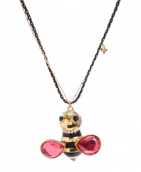 Turn a simple ensemble into something buzzworthy. Betsey Johnson's adorable bumblebee pendant features a chic striped design with sparkling crystal wings and glass pearl accents. Crafted in gold-plated mixed metal. Approximate length: 16 inches + 3-inch extender. Approximate drop: 2 inches.