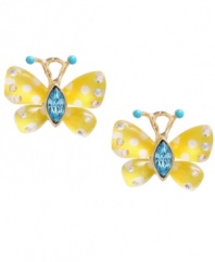 Get girly in Betsey Johnson's glam style. These sweet stud earrings feature delicate butterflies in blue and yellow enamel with sparkling crystal accents. Set in gold-plated mixed metal. Approximate diameter: 5/8 inch.
