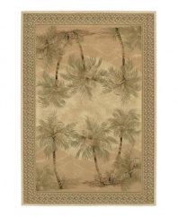 Create your own oasis with the windswept golden sands of an Arabian desert. This full-framed, bordered rug pictures an extraordinary desert landscape, replete with rolling dunes and towering palms. The thick power-loomed pile presents a soft, luxurious finish and heaviness virtually indistinguishable from the work of master artisans. Made with meticulous detail of ultra-fine fiber that resists wear and permanent stains. One-year limited warranty.