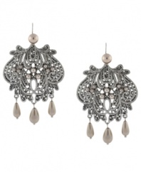 Frame your face with Jessica Simpson's ornate Love Lace design. Earrings feature a beautiful filigree design accented by shimmering glass pearls. Set in silver tone mixed metal. Approximate drop: 3 inches.