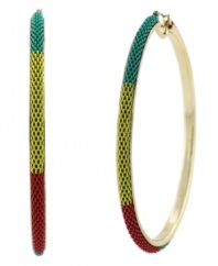 Try on a little high-voltage style. BCBGeneration amps up a typical pair of hoops by adding the latest colorblocking trend in turquoise, yellow and red. Set in gold tone mixed metal. Approximate diameter: 2-3/4 inches.