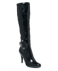 Brighten up your closet with the always-chic design of the tall Sunshine boots by Marc Fisher. Made in stretch fabric, they feature a stylish almond-toe silhouette, strap detail at ankle and sexy, stacked heel.