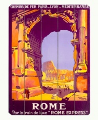 Designed by Roger Broders in 1927, this vintage ad turned wooden sign for the deluxe Rome Express railway offers a stylized view of the city's ancient architecture. With a rustic, weathered finish.