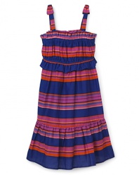 Popsicle colored stripes and a ruffle-embellished neckline invigorate this Little Marc Jacobs dress.