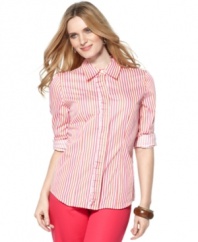 Stripes look simply summery in this shirt from Jones New York Signature. Pair it with vibrant pants for a color-drenched look!