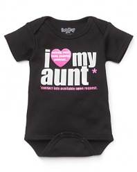 A short sleeve romper with I love my aunt' printed on front.