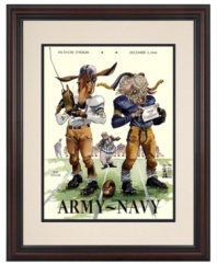 Salute military football heroes with Army-Navy wall art. Both teams gave it their all in 1944, but ultimately, it was the Black Knights who prevailed, winning 23-7. A cherry-finished frame and double mat complete this vintage program cover.
