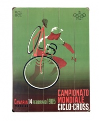 Serious cyclists will revel in this ultra-stylized sign for the elite 1965 cyclo-cross world championship. In distressed wood to enhance the distinct vintage feel.