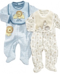 Let the adventures begin. He'll be ready to trek anywhere in this fun Little Me coverall and bib set.