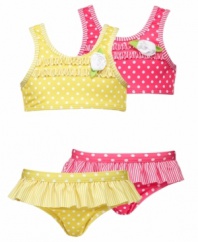 Sun spots. Fun polka dots and stripes make this the perfect two-piece swimsuit to show off her bubbly personality.