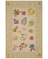 Stir the imagination with this adorable, whimsical rug from Momeni's Lil Mo Classic collection. In a throwback to old-fashion nursery styling, the pale yellow rug features an assortment of childhood images like a hot air balloon, teddy bear and rocking horse--exciting sights for any little one. An alphabet-themed border offers a head start on learning!  Hand-hooked of pure cotton, Lil Mo Classics feature a cut-loop construction that gives the printed motifs a raised effect and tons of texture.