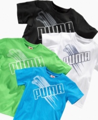 With a glow-in-the-dark front logo graphic, these tees from Puma bring cool to his casual style day or night.