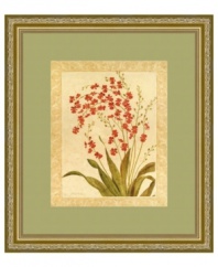 Delicate red begonias put garden lovers at ease. Surrounded by an elegant scroll motif, this classic botanical design has a serene, quiet grace. The antique gold hue and embossed leaf embellishment on the frame complement the print's warm, natural tones.